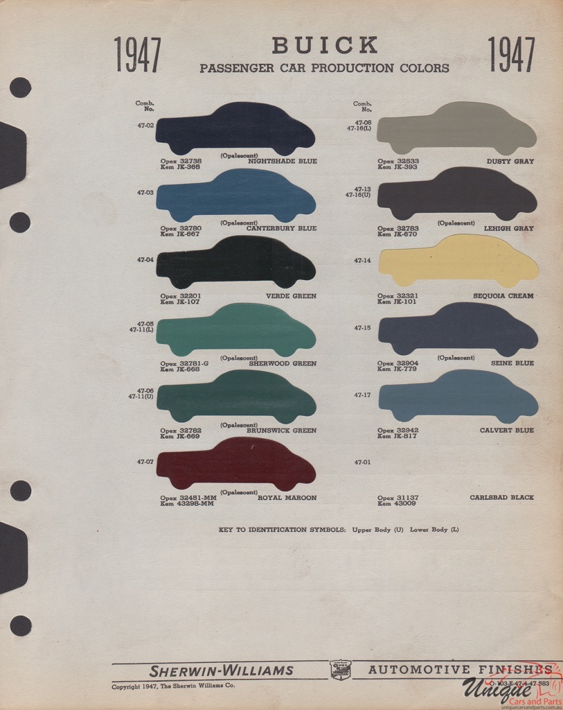 1947 Buick Paint Charts Williams 1